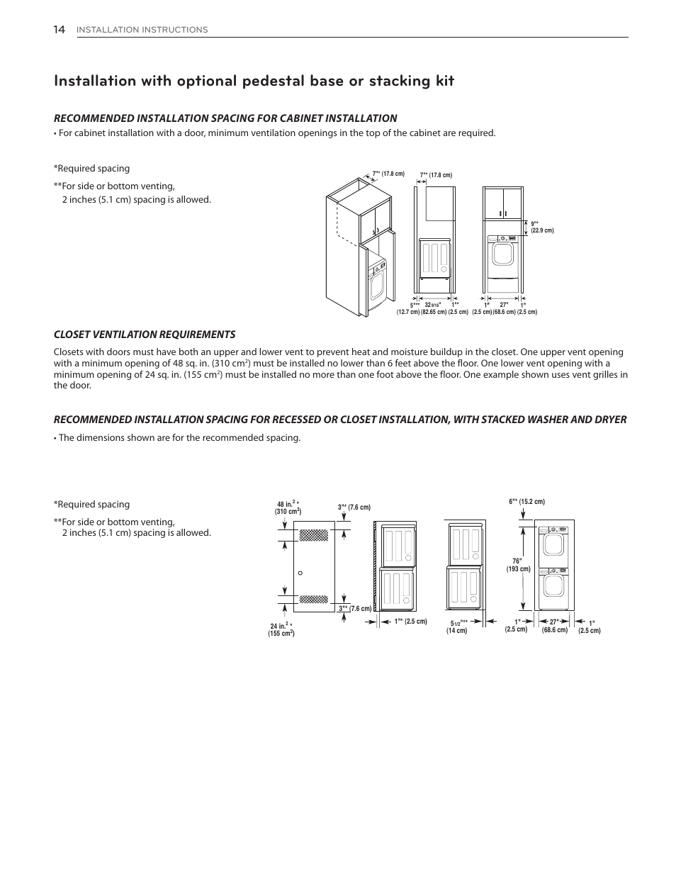 Closet ventilation requirements | LG DLHX4072W User Manual | Page 14 / 92