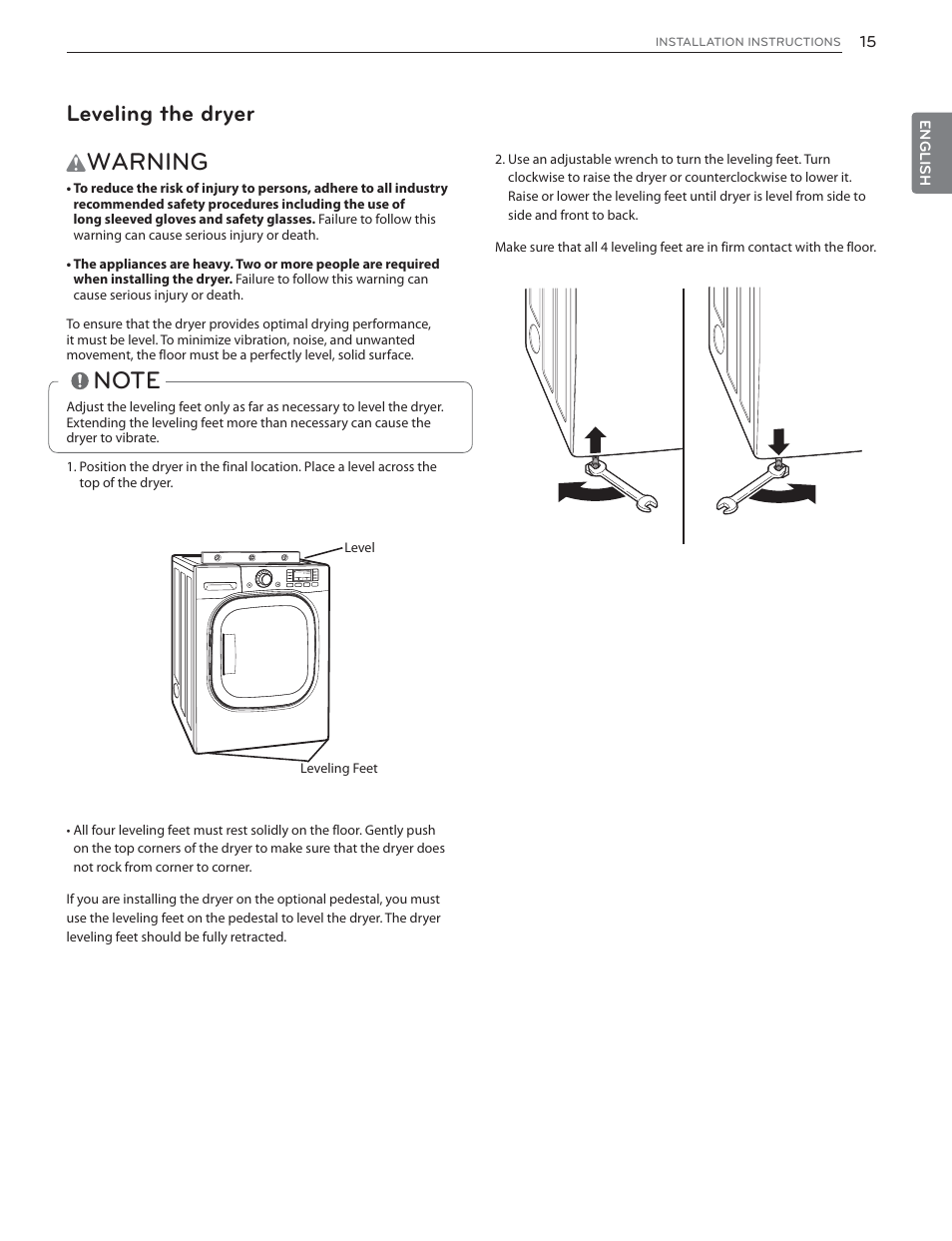 Warning, Leveling the dryer | LG DLHX4072W User Manual | Page 15 / 92