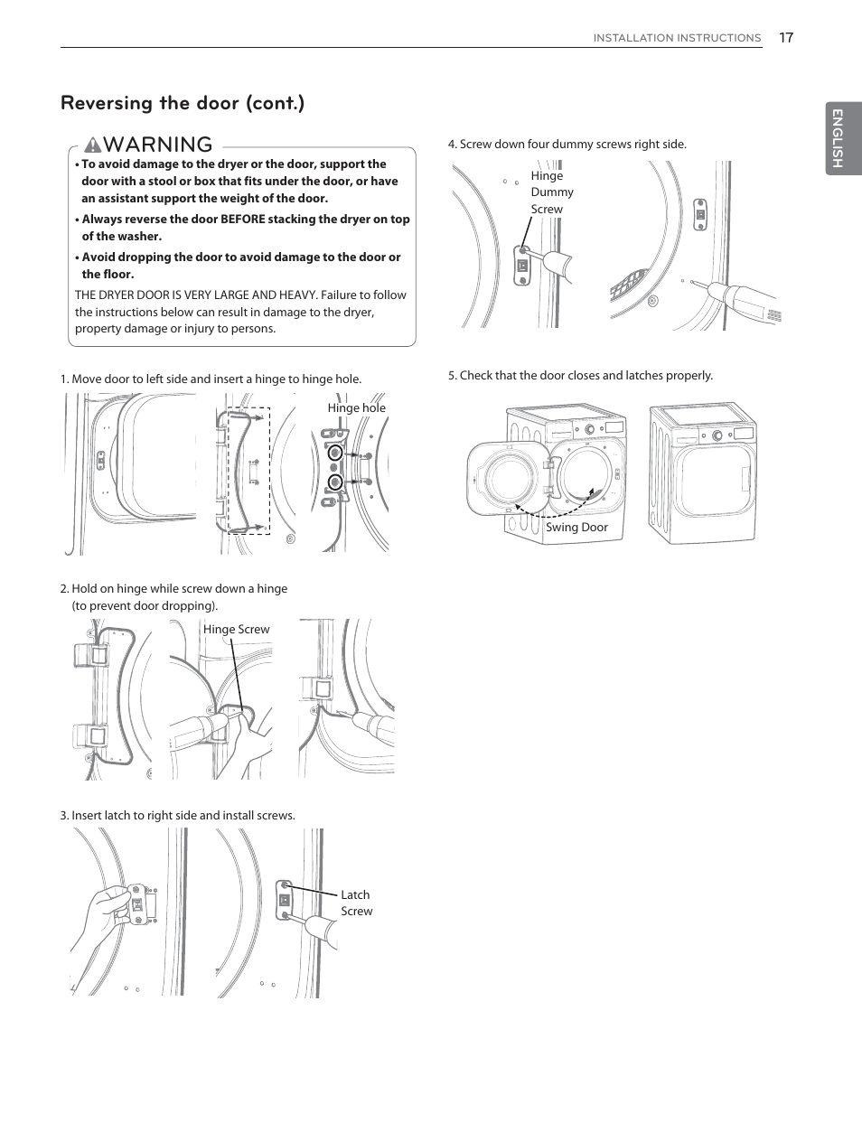 Warning, Reversing the door (cont.) | LG DLHX4072W User Manual | Page 17 / 92