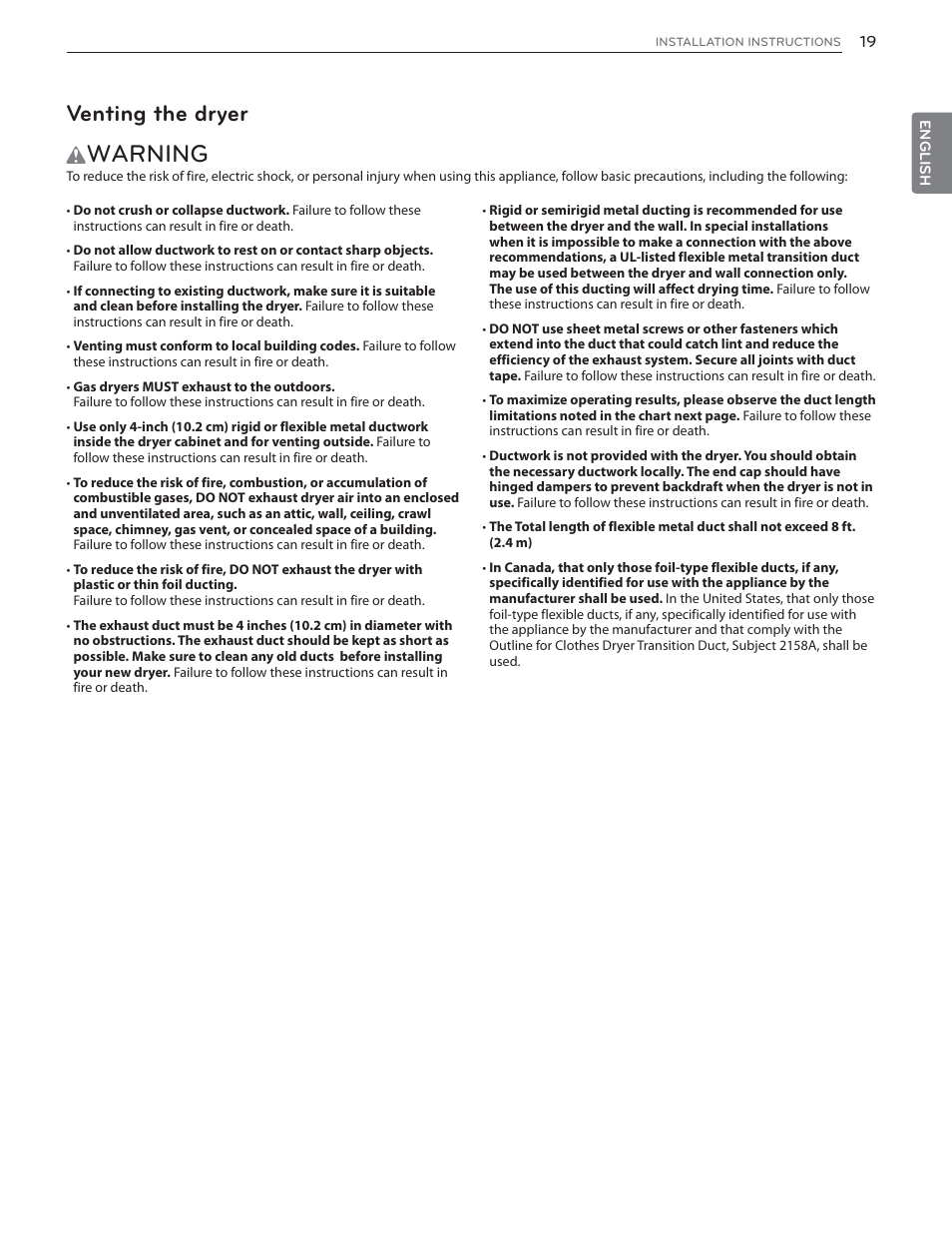 Warning, Venting the dryer | LG DLHX4072W User Manual | Page 19 / 92