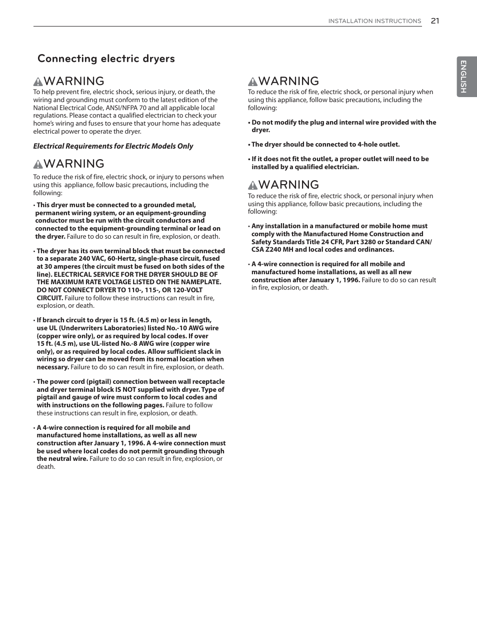 Warning, Connecting electric dryers | LG DLHX4072W User Manual | Page 21 / 92