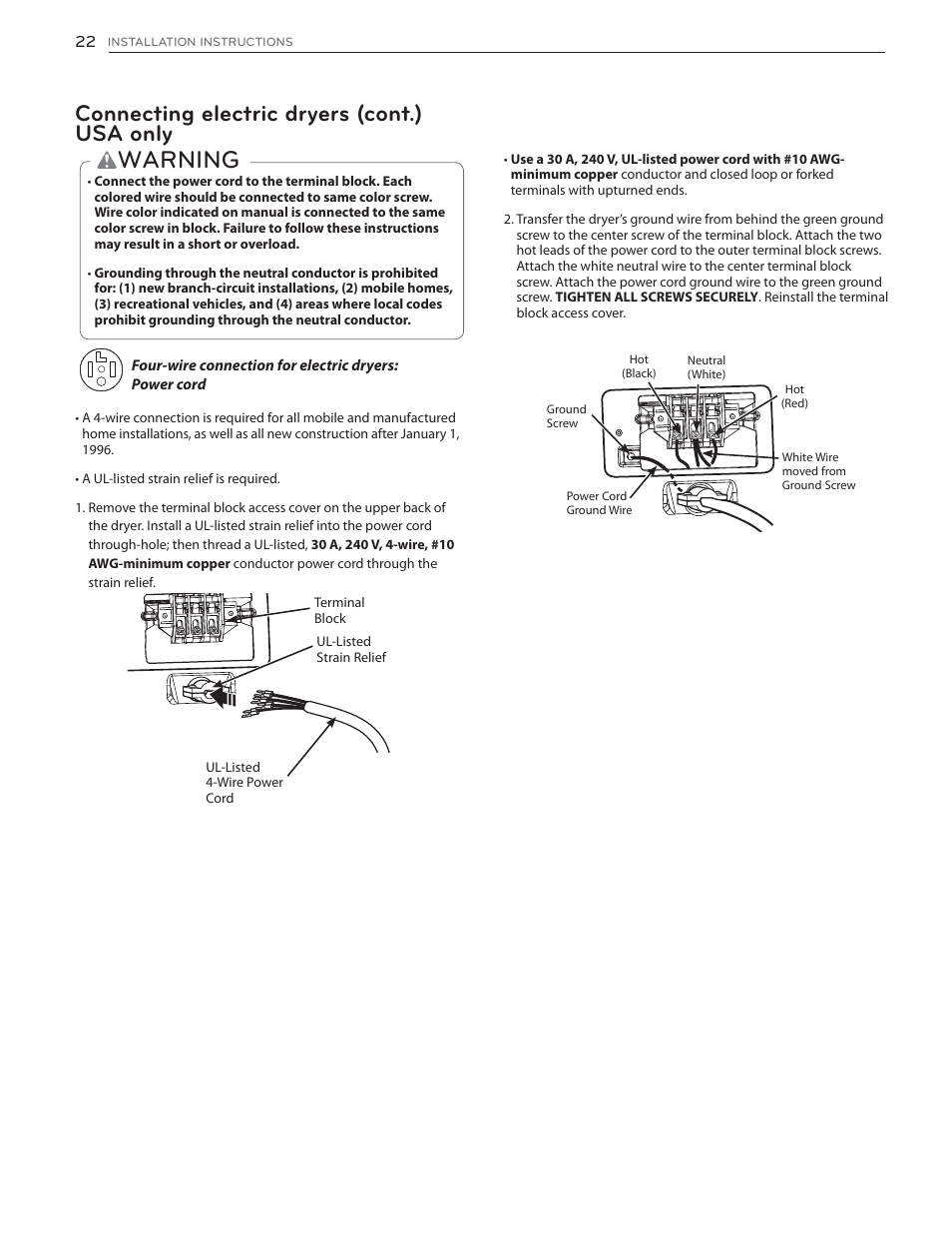 Warning, Connecting electric dryers (cont.) usa only | LG DLHX4072W User Manual | Page 22 / 92