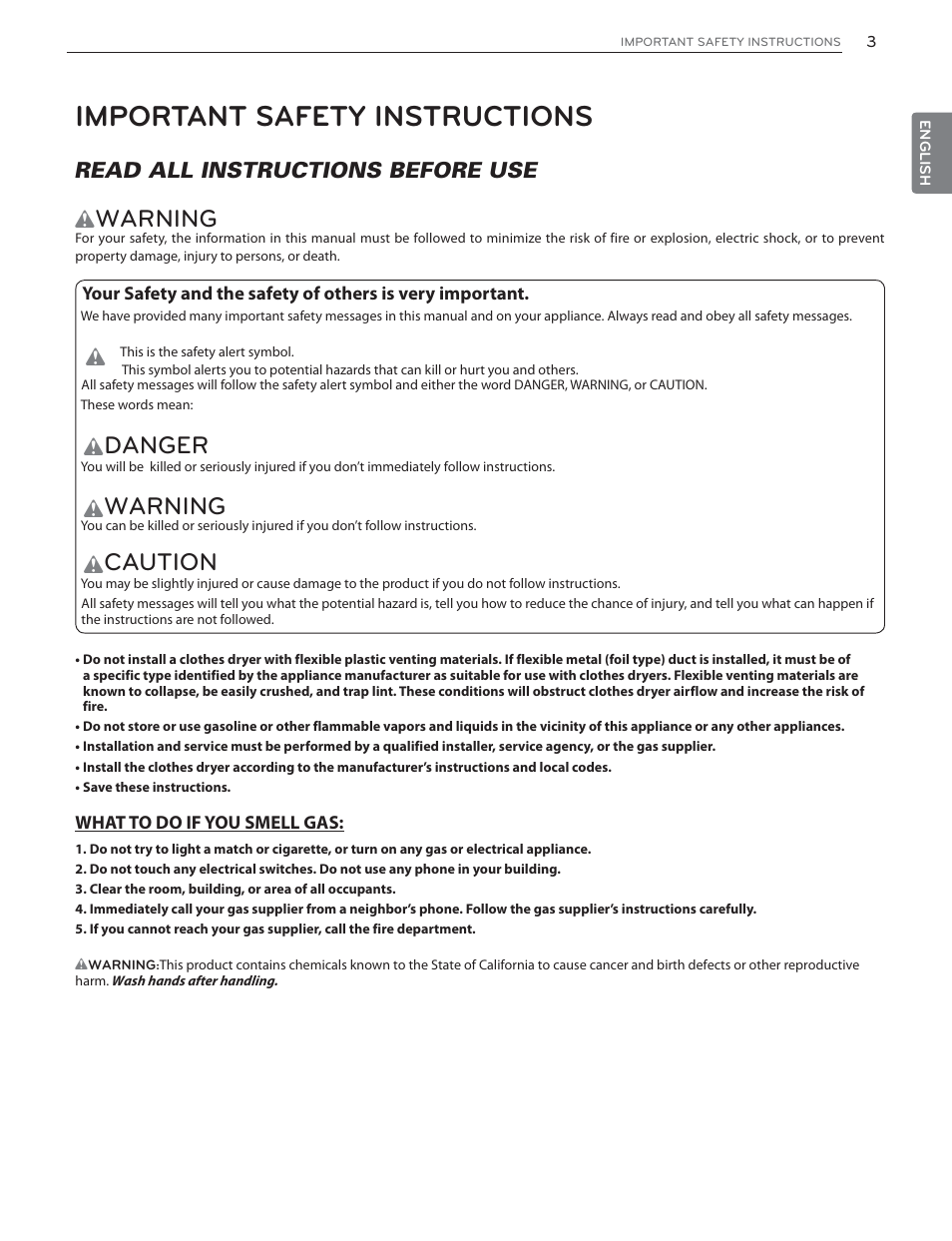 Important safety instructions, Warning, Danger | Caution | LG DLHX4072W User Manual | Page 3 / 92