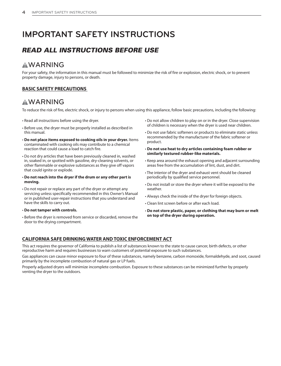Important safety instructions, Warning, Read all instructions before use | LG DLHX4072W User Manual | Page 4 / 92