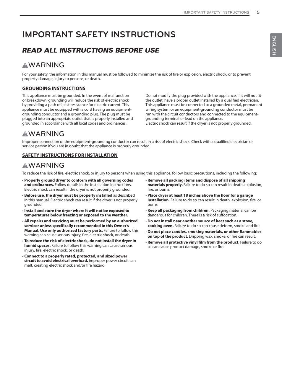 Important safety instructions, Warning, Read all instructions before use | LG DLHX4072W User Manual | Page 5 / 92