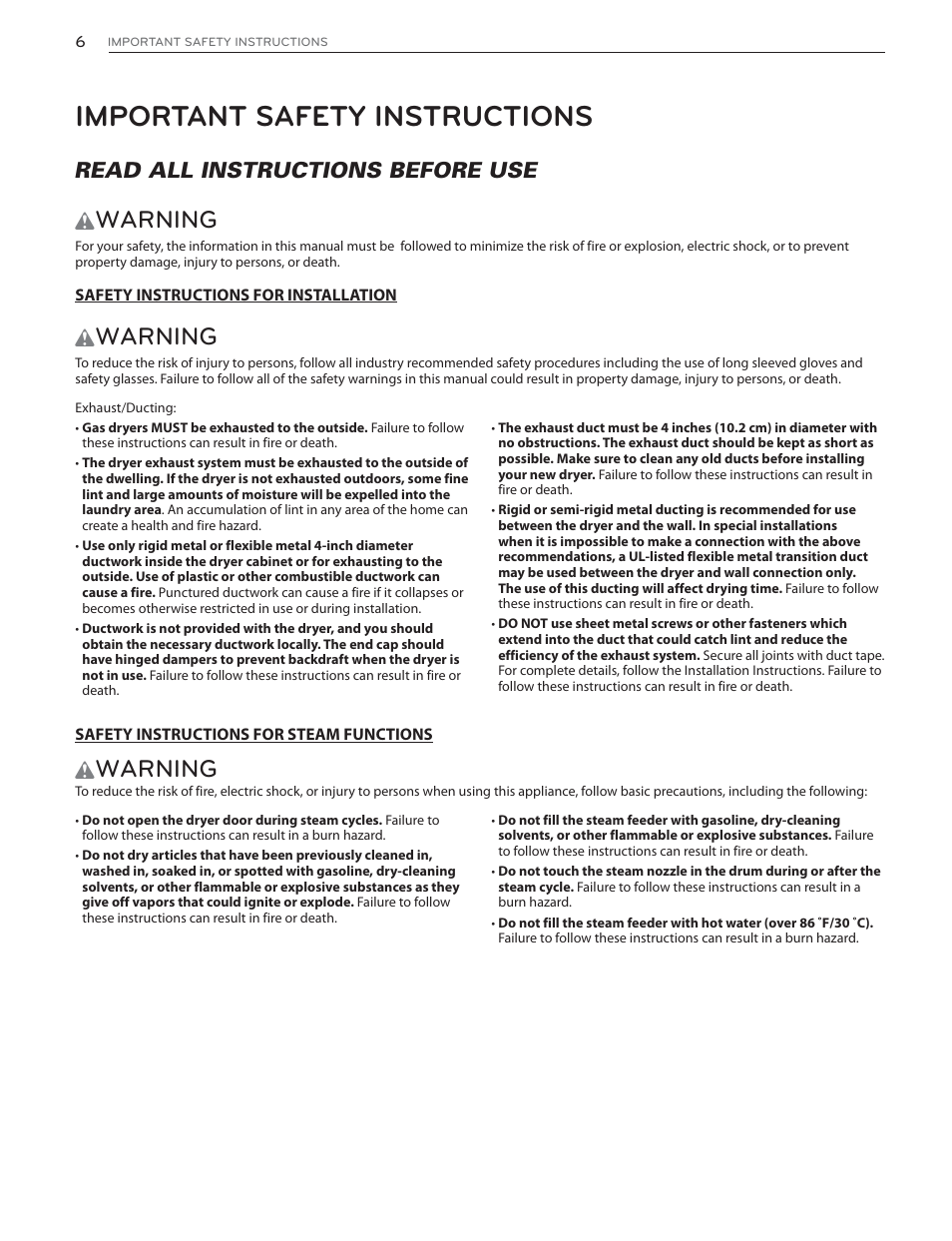 Important safety instructions, Warning, Read all instructions before use | LG DLHX4072W User Manual | Page 6 / 92