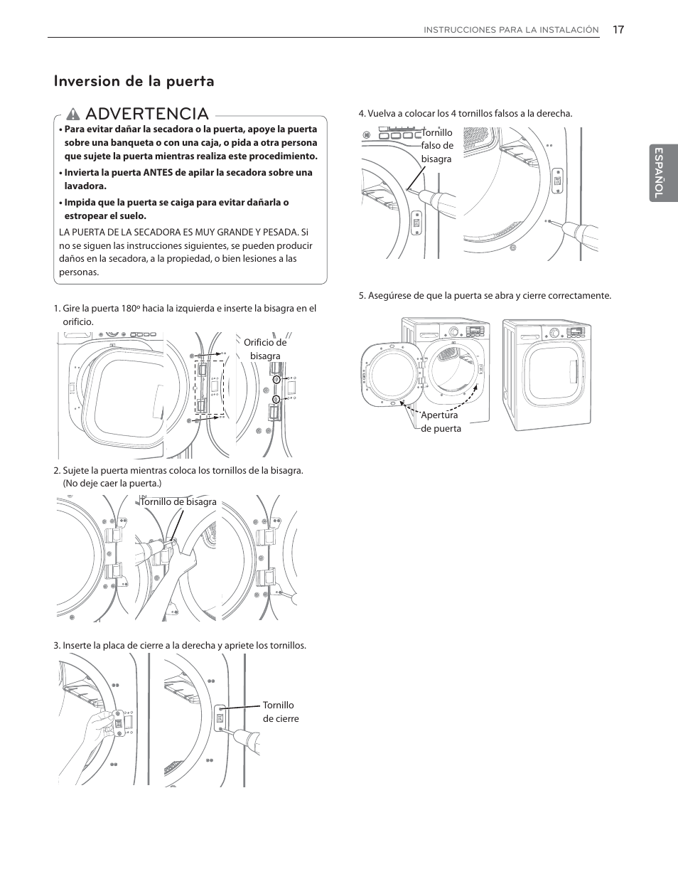 Advertencia, Inversion de la puerta | LG DLHX4072W User Manual | Page 61 / 92