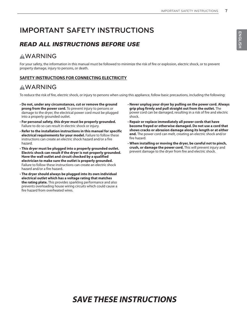 Important safety instructions, Warning, Read all instructions before use | LG DLHX4072W User Manual | Page 7 / 92