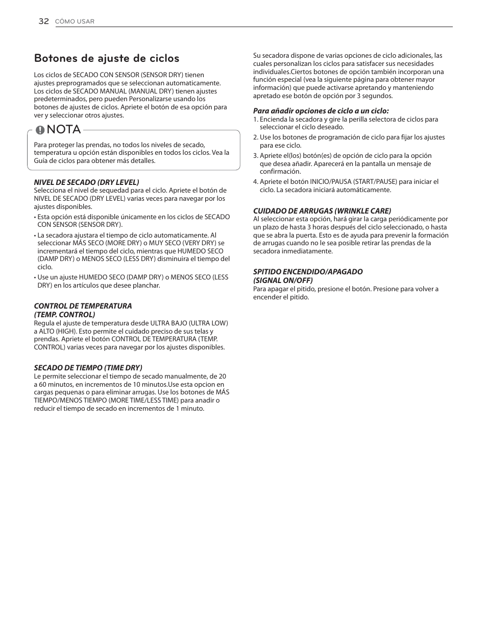 Nota, Botones de ajuste de ciclos | LG DLHX4072W User Manual | Page 76 / 92