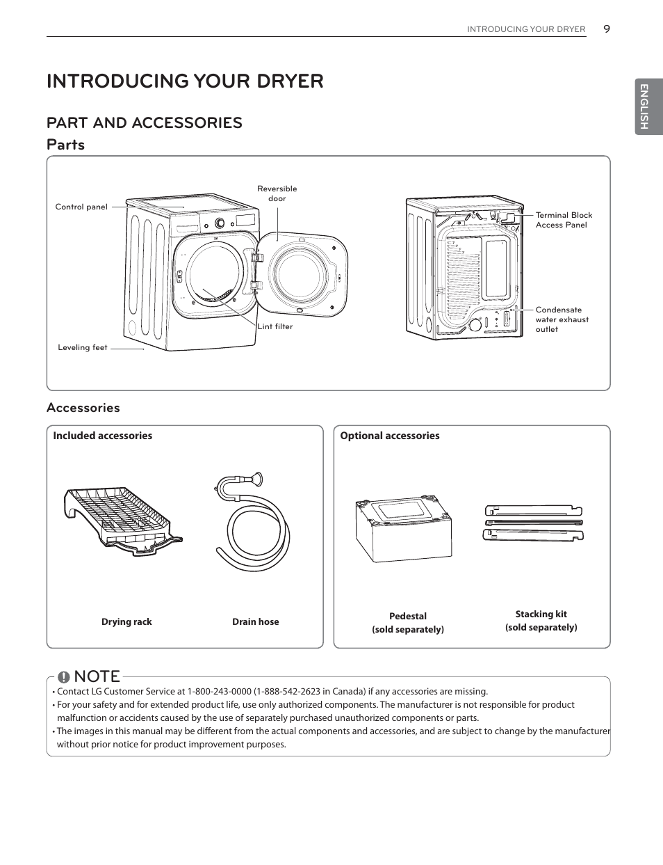 Introducing your dryer, Part and accessories parts, Accessories | LG DLHX4072W User Manual | Page 9 / 92