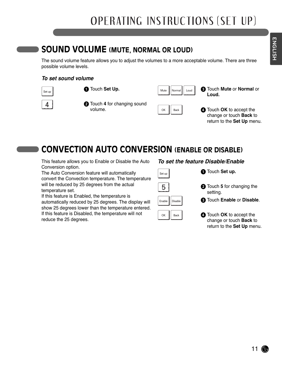 Sound volume, Convection auto conversion, Mute, normal or loud) | Enable or disable) | LG LWD3081ST User Manual | Page 11 / 80