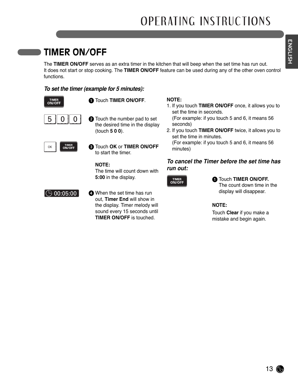 Timer on/off | LG LWD3081ST User Manual | Page 13 / 80