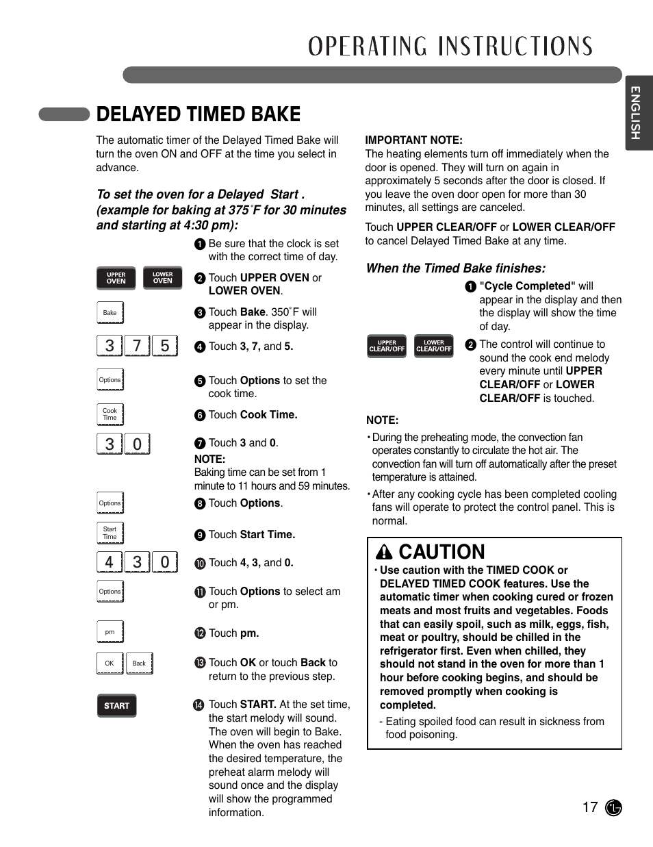 Delayed timed bake, Caution | LG LWD3081ST User Manual | Page 17 / 80
