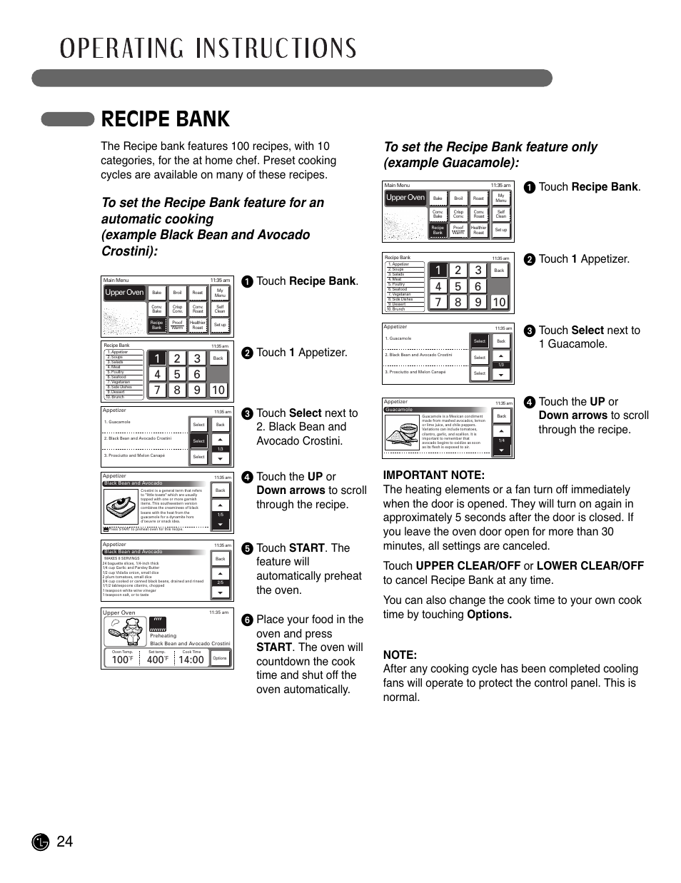 Recipe bank, Touch recipe bank, Touch 1 appetizer | Touch select next to 1 guacamole | LG LWD3081ST User Manual | Page 24 / 80