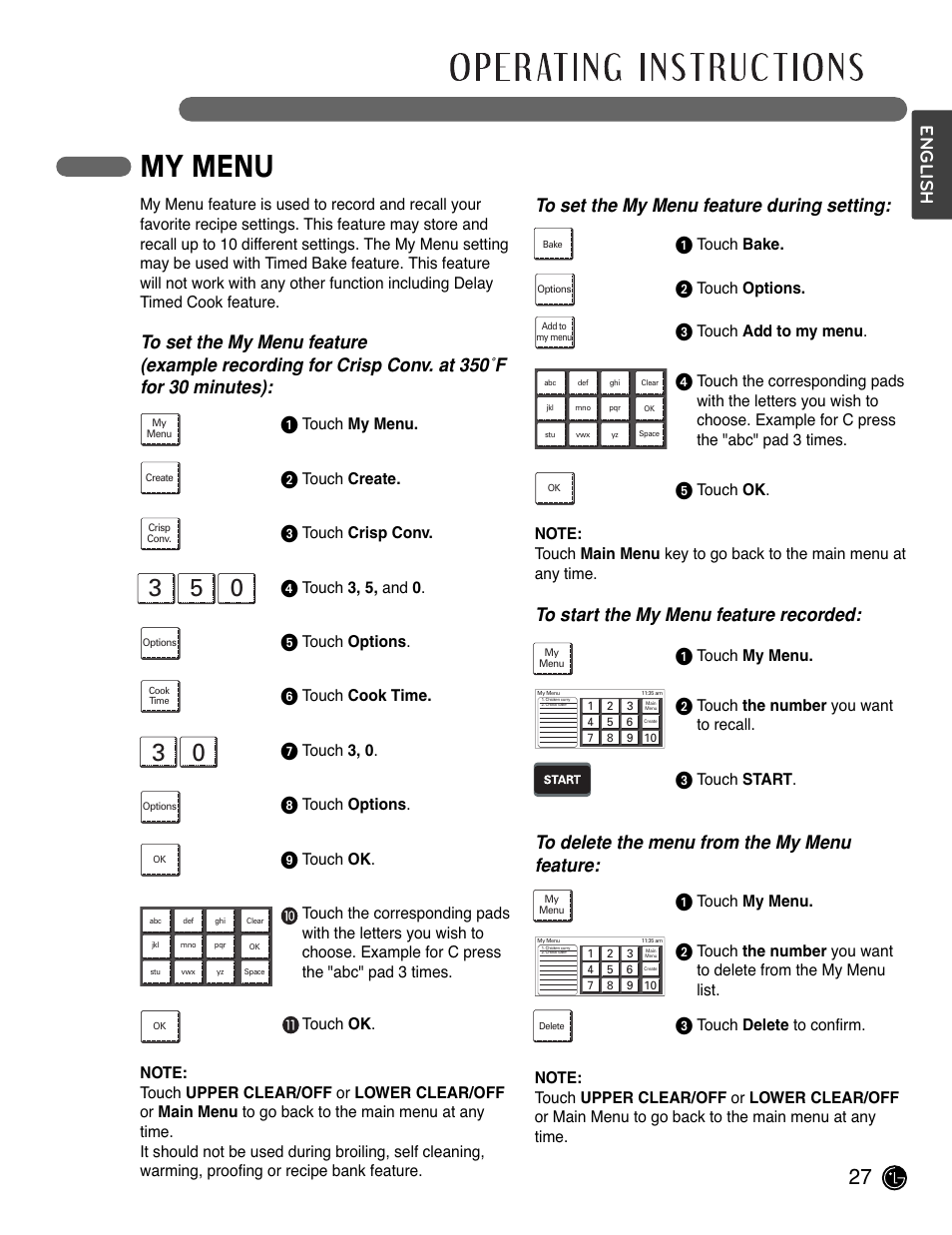 My menu, English, Touch my menu | Touch create, Touch crisp conv, Touch 3, 5, and 0, Touch options, Touch cook time, Touch 3, 0, Touch bake | LG LWD3081ST User Manual | Page 27 / 80
