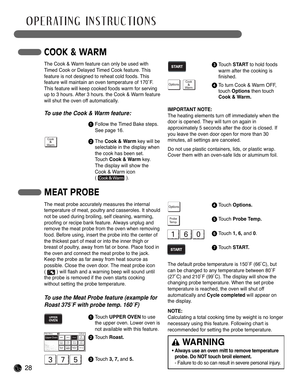 Cook & warm, Warning, Meat probe | LG LWD3081ST User Manual | Page 28 / 80