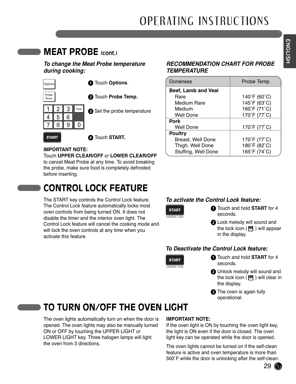 Meat probe, Control lock feature | LG LWD3081ST User Manual | Page 29 / 80