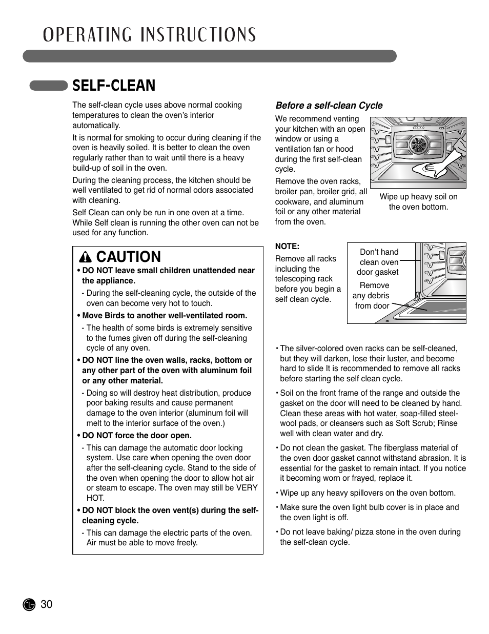Self-clean, Caution | LG LWD3081ST User Manual | Page 30 / 80