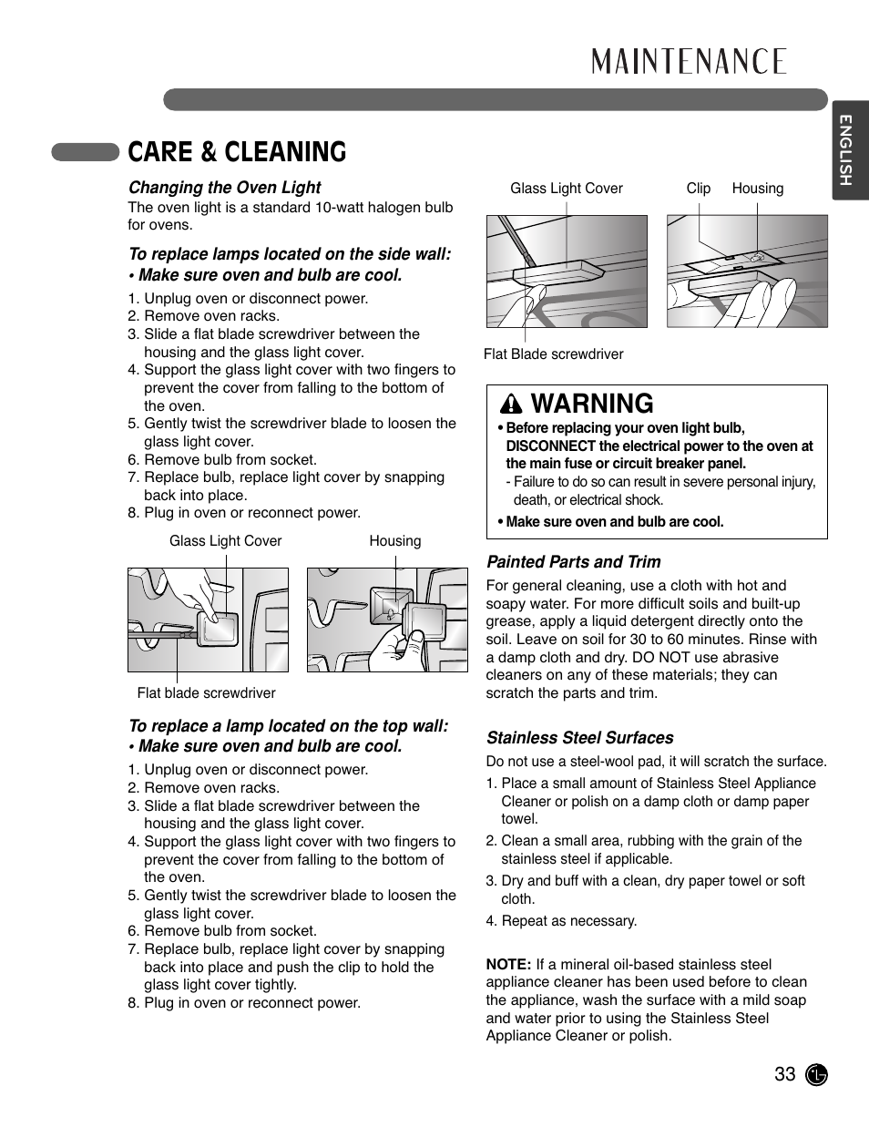 Care & cleaning, Warning | LG LWD3081ST User Manual | Page 33 / 80