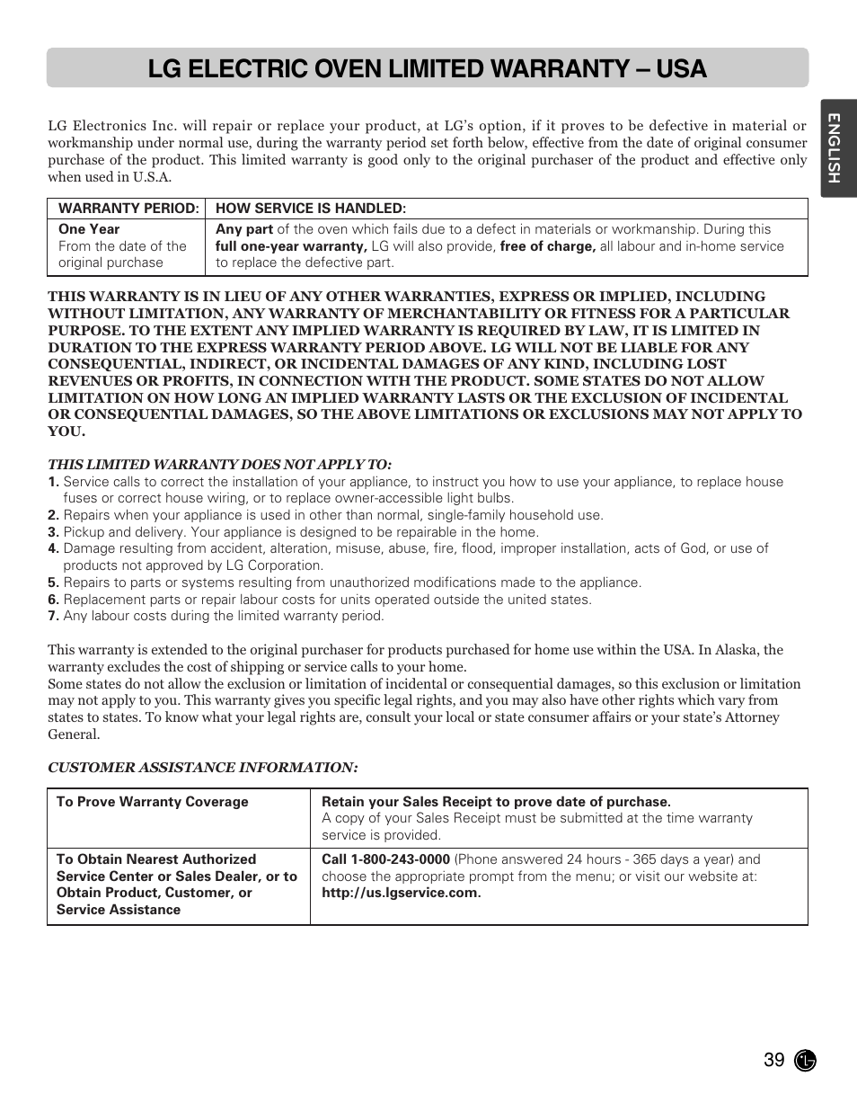 Lg electric oven limited warranty – usa | LG LWD3081ST User Manual | Page 39 / 80