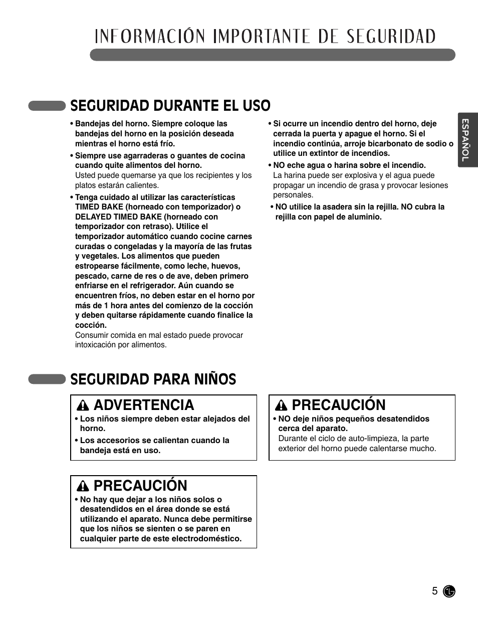 Lea todas las instrucciones antes de usar, Seguridad durante el uso, Seguridad para niños | Advertencia, Precaución | LG LWD3081ST User Manual | Page 45 / 80