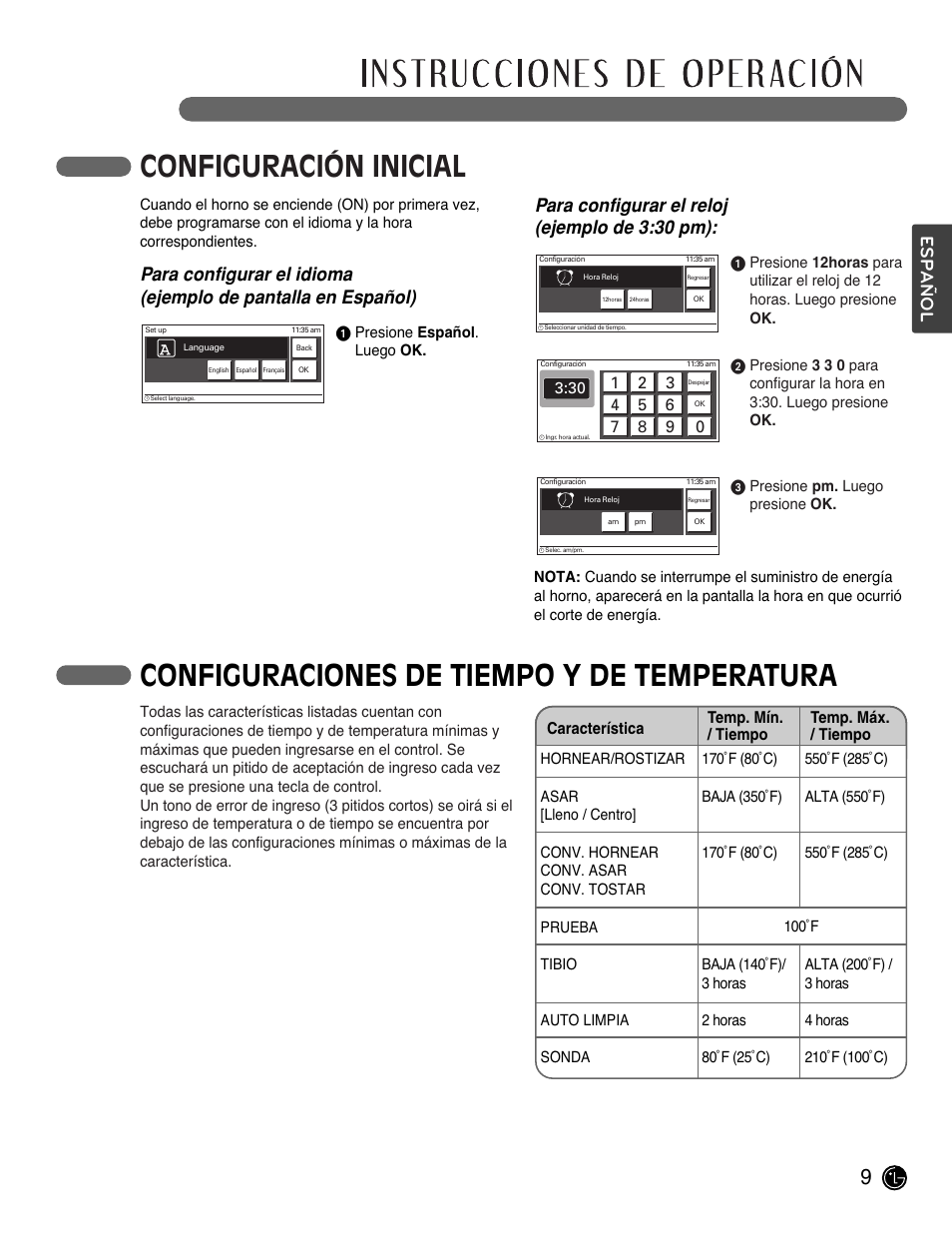 Español, Para configurar el reloj (ejemplo de 3:30 pm) | LG LWD3081ST User Manual | Page 49 / 80