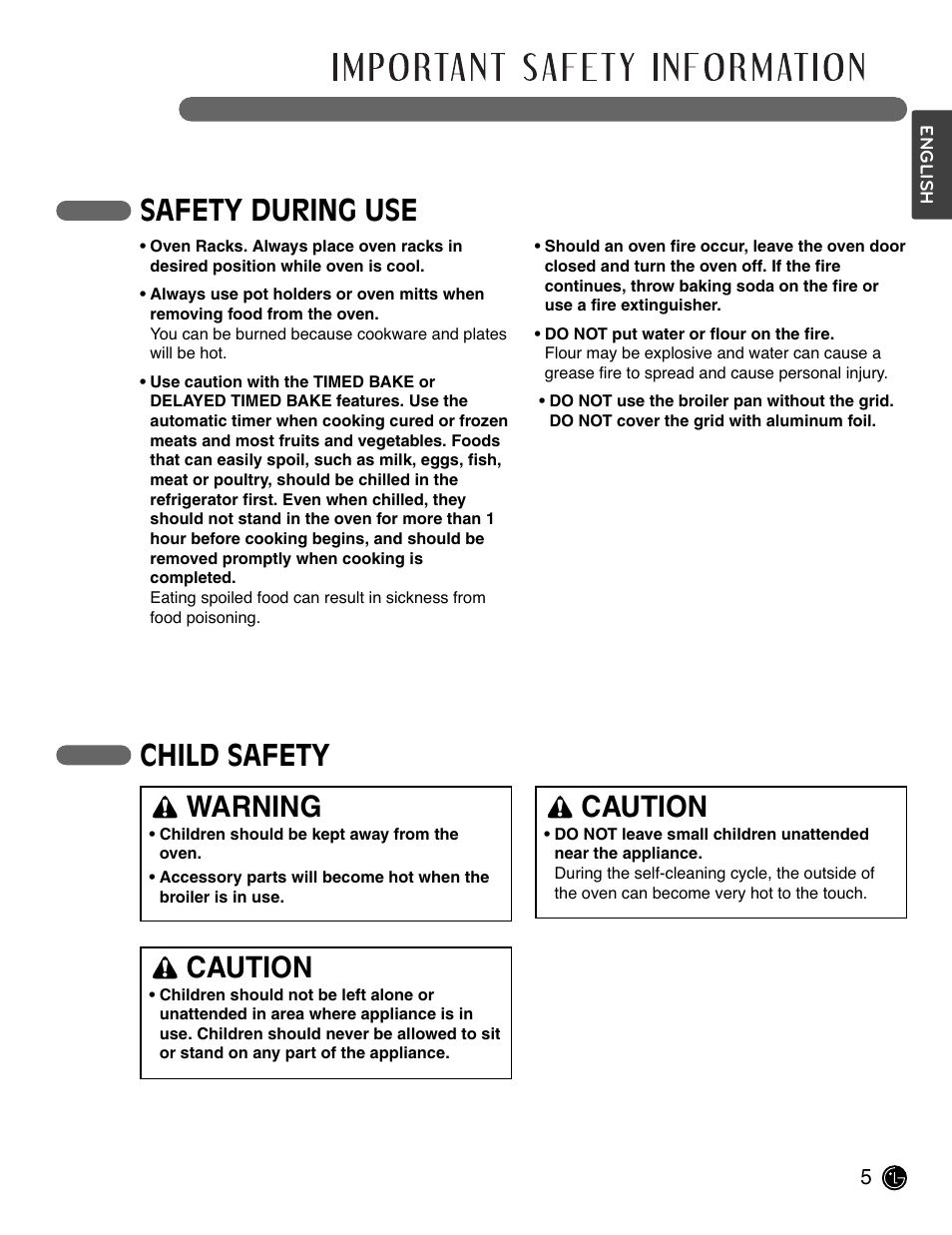 Read all instructions before use, Safety during use, Child safety | Warning, Caution | LG LWD3081ST User Manual | Page 5 / 80