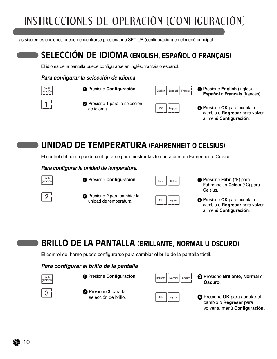 Selección de idioma, Unidad de temperatura, Brillo de la pantalla | English, español o français), Fahrenheit o celsius), Brillante, normal u oscuro) | LG LWD3081ST User Manual | Page 50 / 80