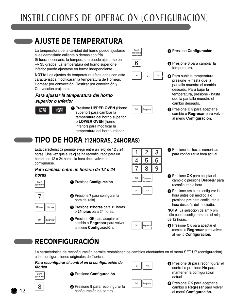 Ajuste de temperatura tipo de hora, Reconfiguración, 12horas, 24horas) | LG LWD3081ST User Manual | Page 52 / 80