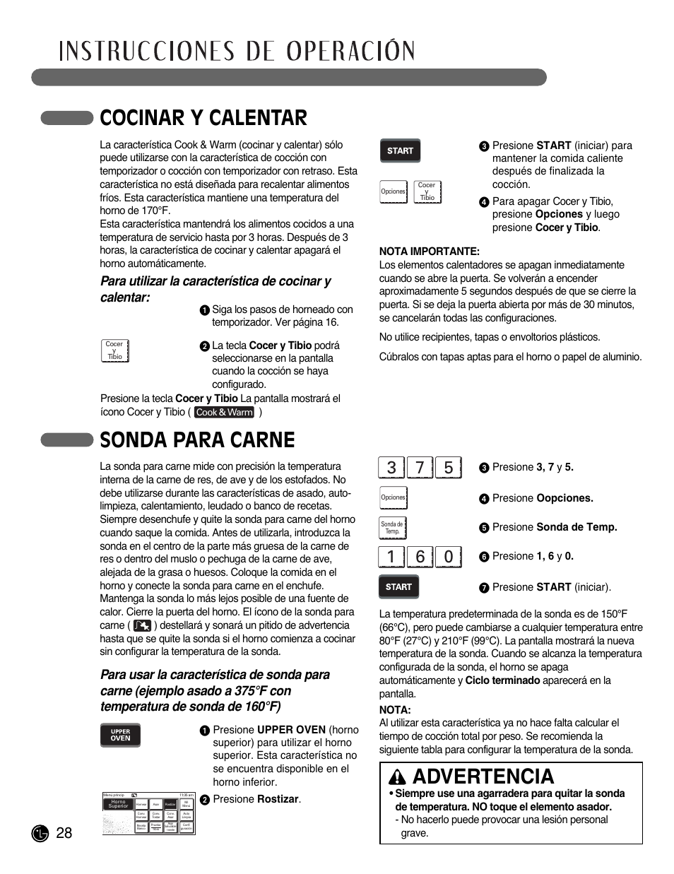 Cocinar y calentar, Advertencia, Sonda para carne | LG LWD3081ST User Manual | Page 68 / 80