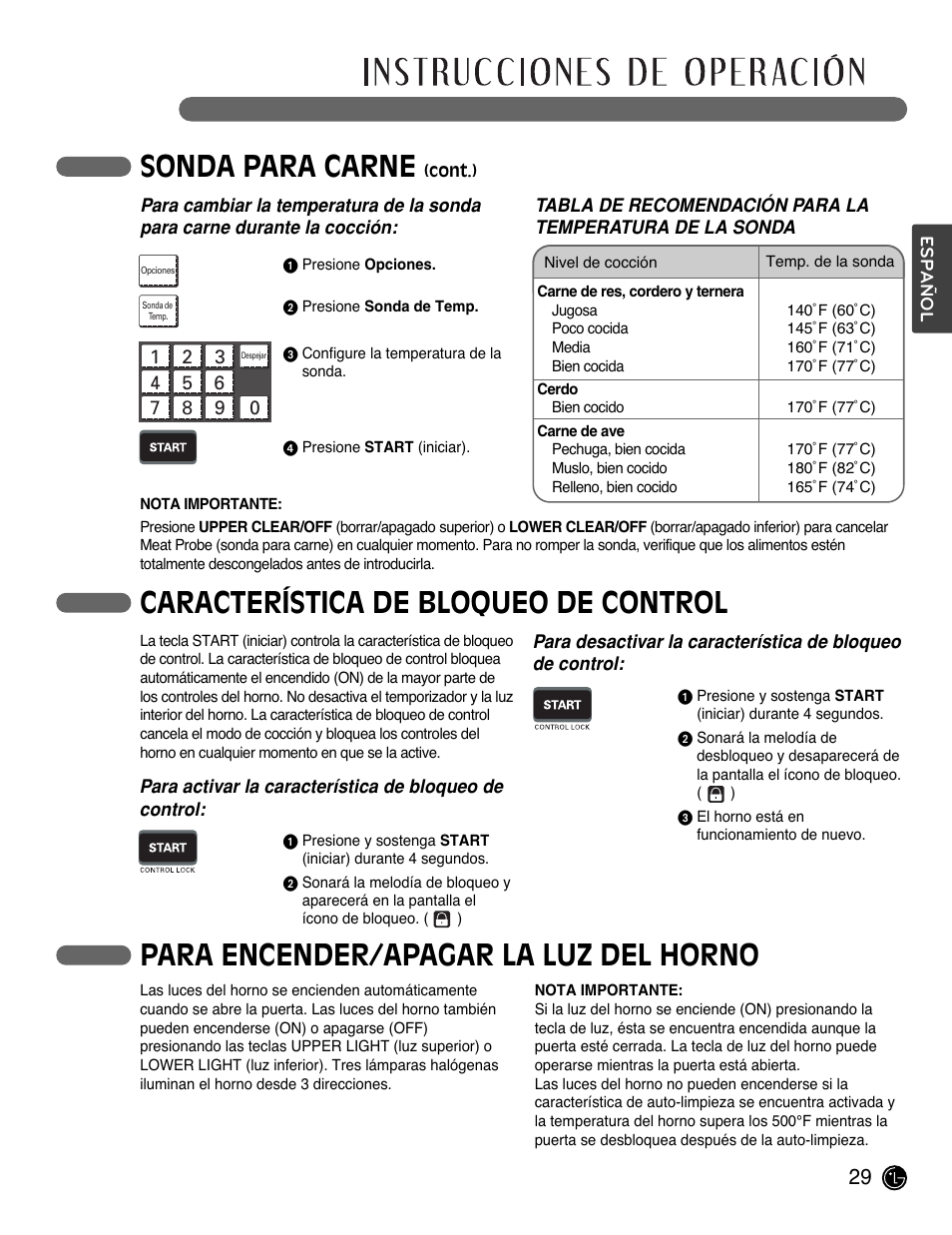 Sonda para carne, Característica de bloqueo de control, Para encender/apagar la luz del horno | LG LWD3081ST User Manual | Page 69 / 80