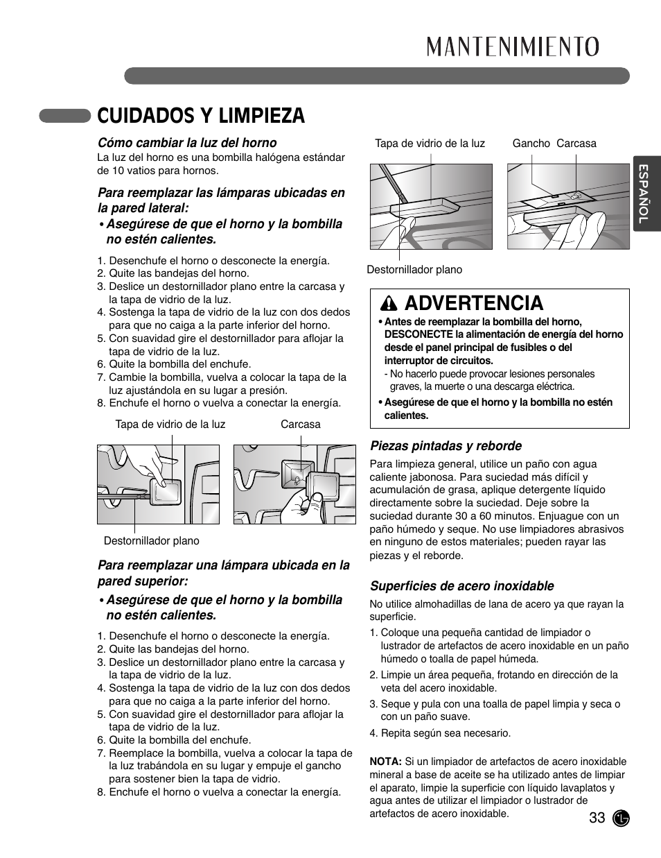 Cuidados y limpieza, Advertencia | LG LWD3081ST User Manual | Page 73 / 80