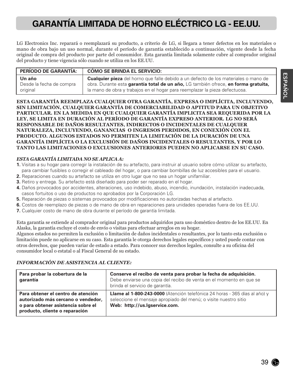 Garantía limitada de horno eléctrico lg - ee.uu | LG LWD3081ST User Manual | Page 79 / 80