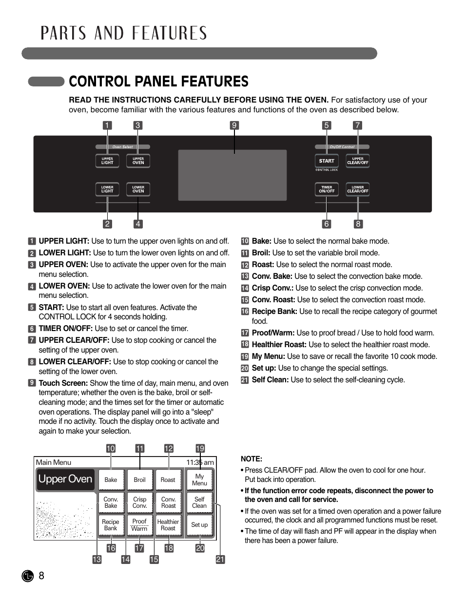 Control panel features, Upper oven | LG LWD3081ST User Manual | Page 8 / 80