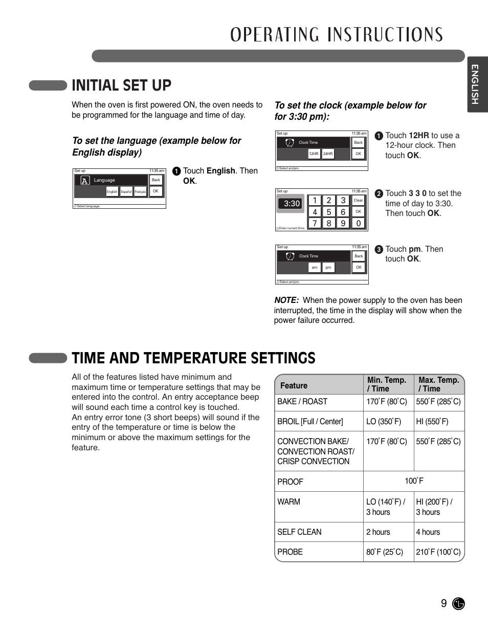 Initial set up time and temperature settings, English, Touch 12hr to use a 12-hour clock. then touch ok | Touch english . then ok | LG LWD3081ST User Manual | Page 9 / 80