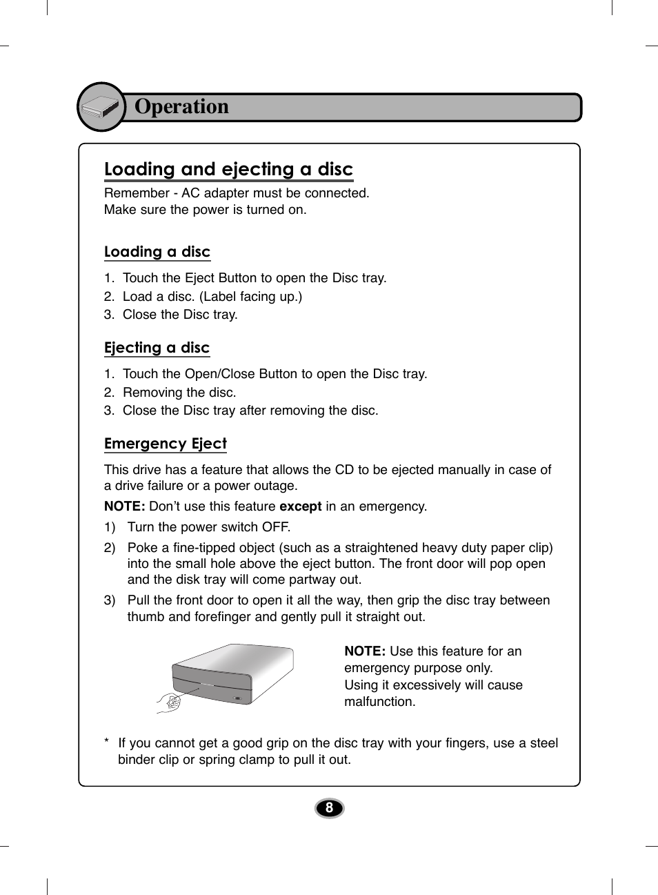 Operation, Loading and ejecting a disc | LG BE14NU40 User Manual | Page 11 / 15