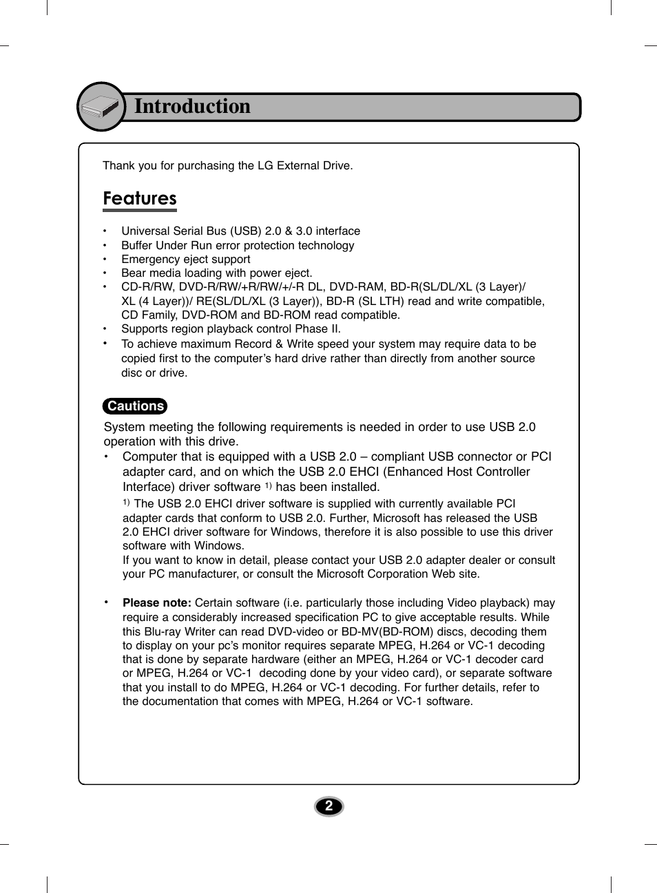 Introduction, Features | LG BE14NU40 User Manual | Page 5 / 15