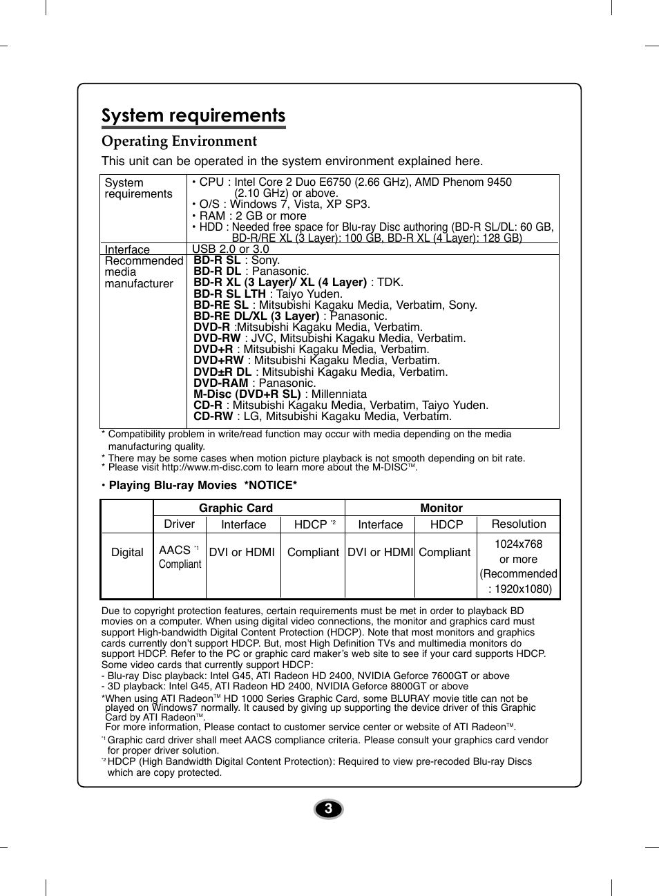 System requirements, Operating environment | LG BE14NU40 User Manual | Page 6 / 15