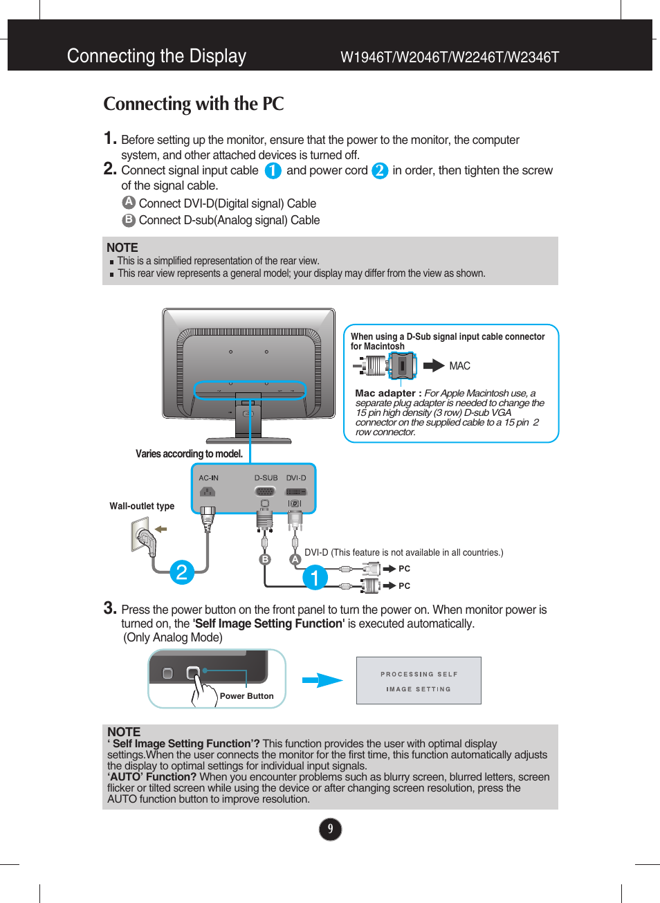 Connecting with the pc, W1946t/w2046t/w2246t/w2346t, Connecting the display | LG W2346T-BF User Manual | Page 10 / 38