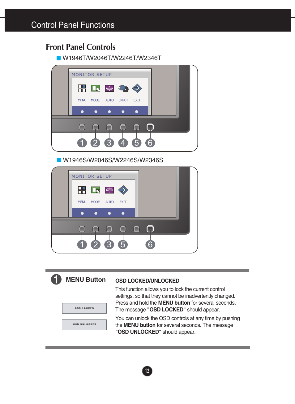 Control panel functions, Front panel controls, Control panel functions front panel controls | LG W2346T-BF User Manual | Page 13 / 38