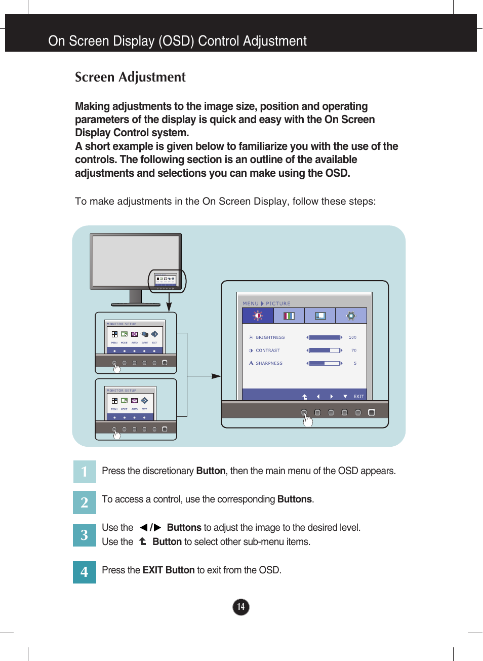 On screen display (osd) control adjustment, Screen adjustment | LG W2346T-BF User Manual | Page 15 / 38