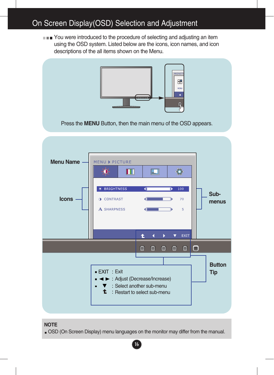 On screen display(osd) selection and adjustment | LG W2346T-BF User Manual | Page 17 / 38