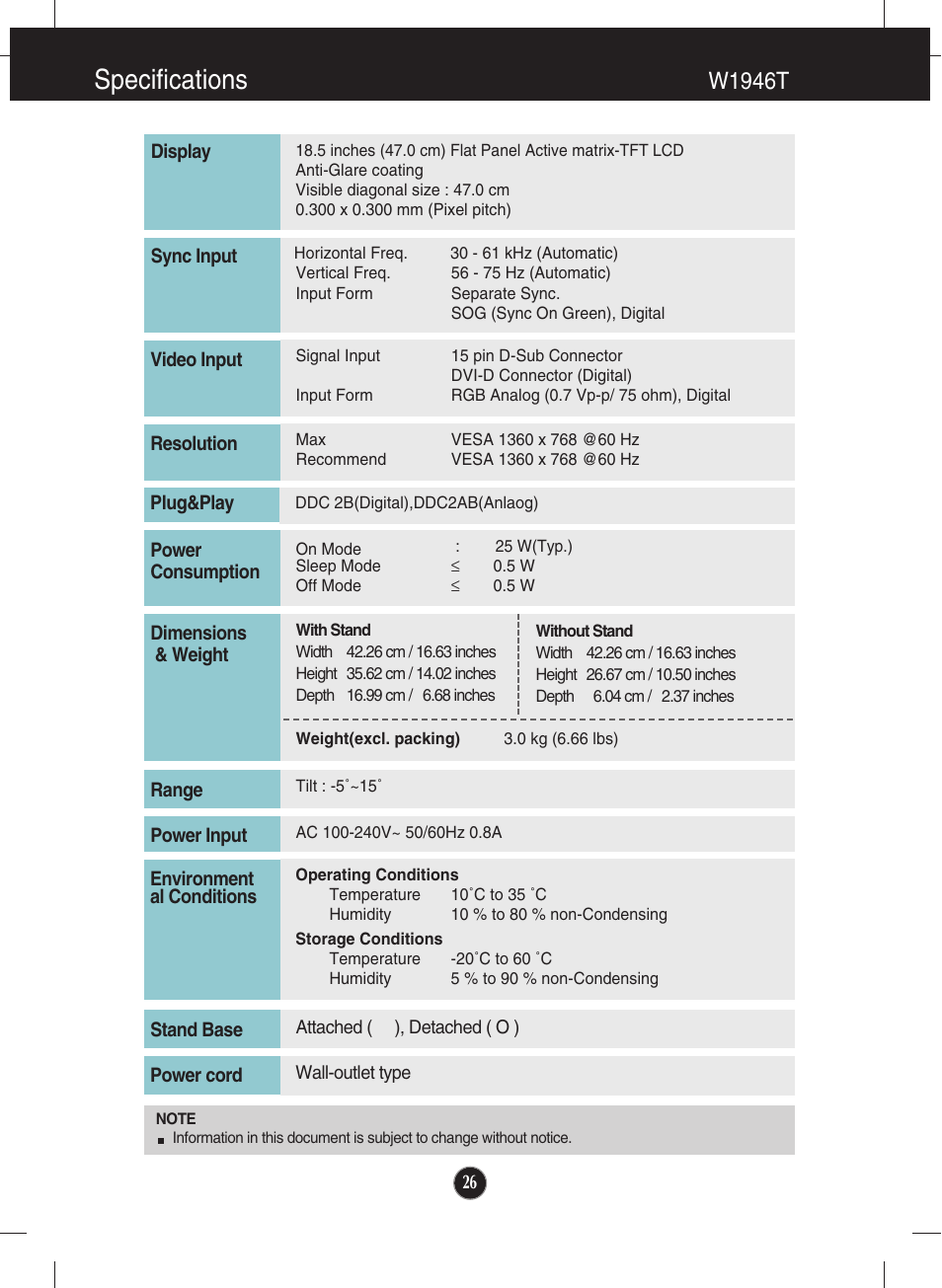 Specifications, W1946t | LG W2346T-BF User Manual | Page 27 / 38