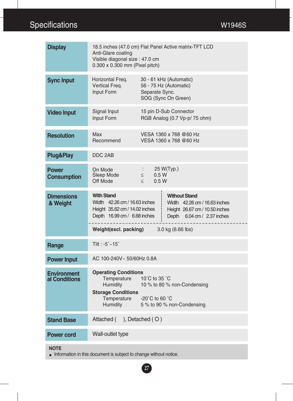 W1946s, Specifications | LG W2346T-BF User Manual | Page 28 / 38