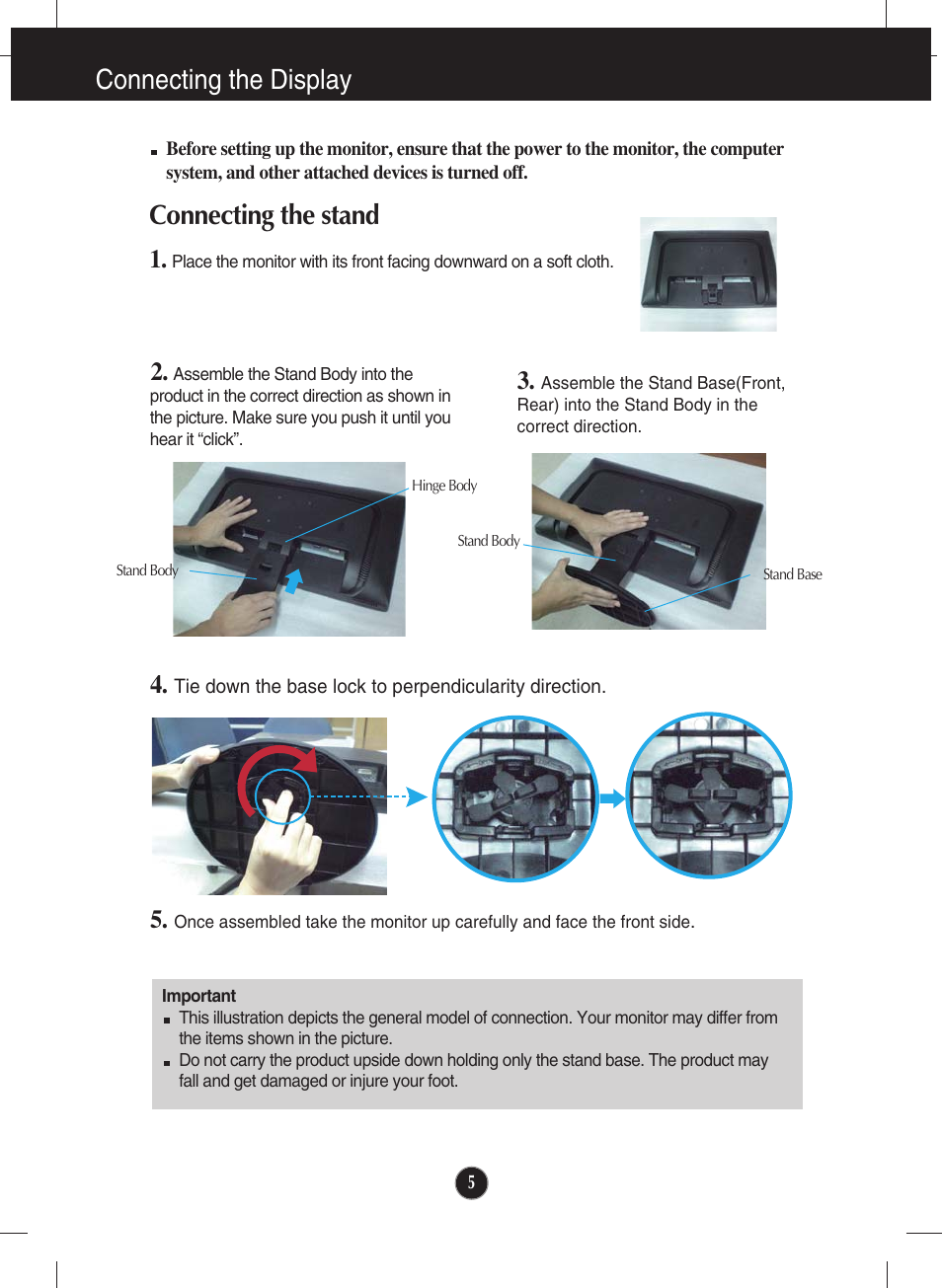 Connecting the display, Connecting the stand | LG W2346T-BF User Manual | Page 6 / 38