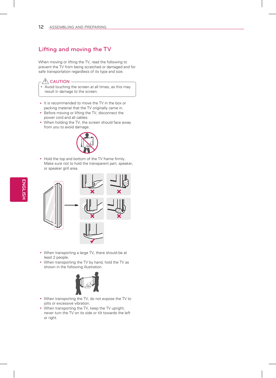 Lifting and moving the tv | LG 47LN5700 User Manual | Page 12 / 72