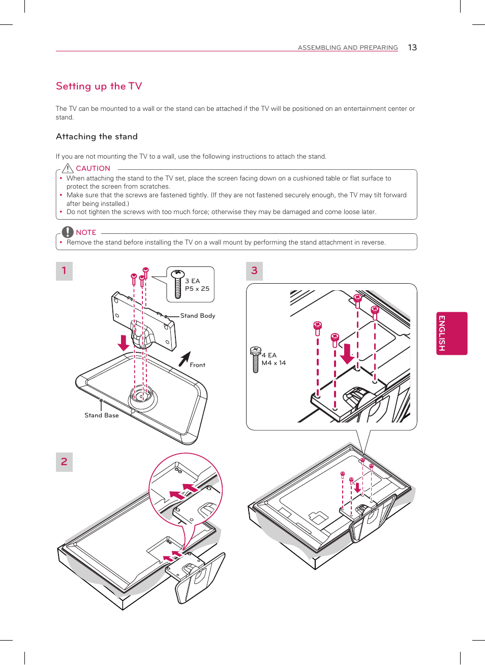 Setting up the tv, Attaching the stand | LG 47LN5700 User Manual | Page 13 / 72