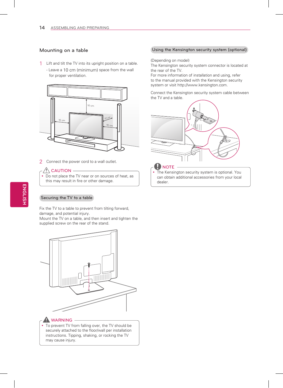 Mounting on a table 1 | LG 47LN5700 User Manual | Page 14 / 72