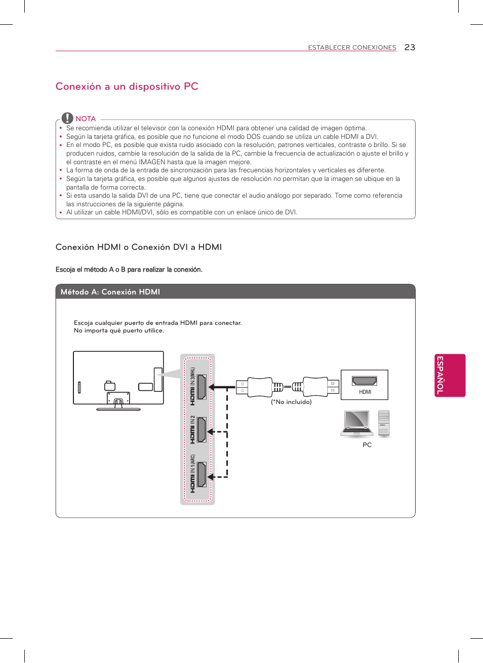 Conexión a un dispositivo pc, Conexión hdmi o conexión dvi a hdmi, Español | Método a: conexión hdmi | LG 47LN5700 User Manual | Page 59 / 72