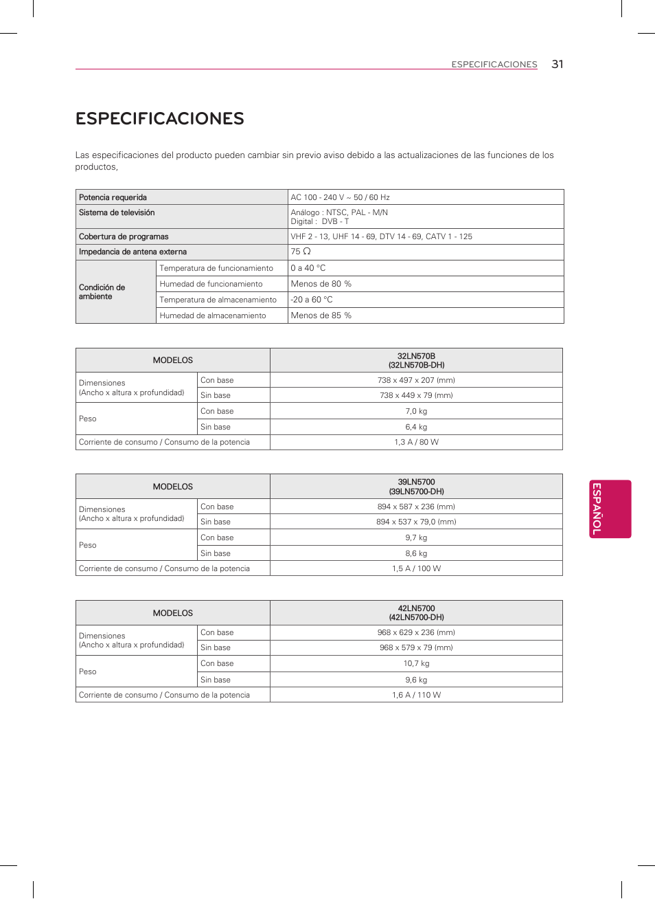 Especificaciones, Español | LG 47LN5700 User Manual | Page 67 / 72